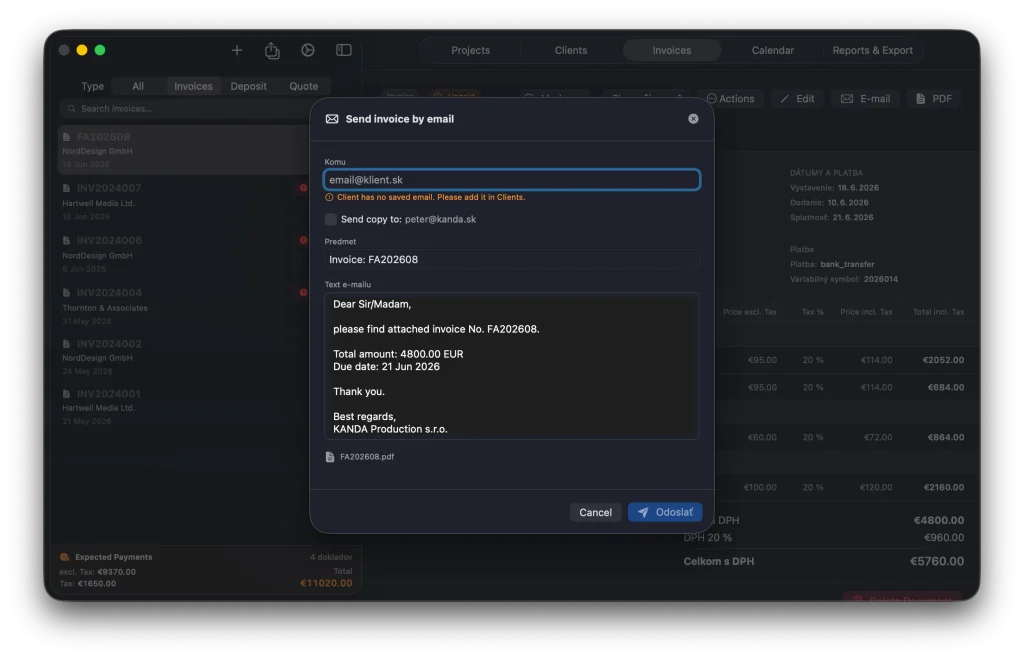 RAVEN Hub - Send Invoice - email-web
